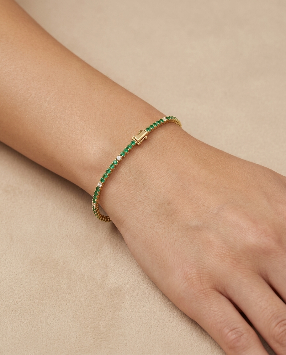 14KT Yellow Gold Emerald and Diamond Tennis Bracelet view 2