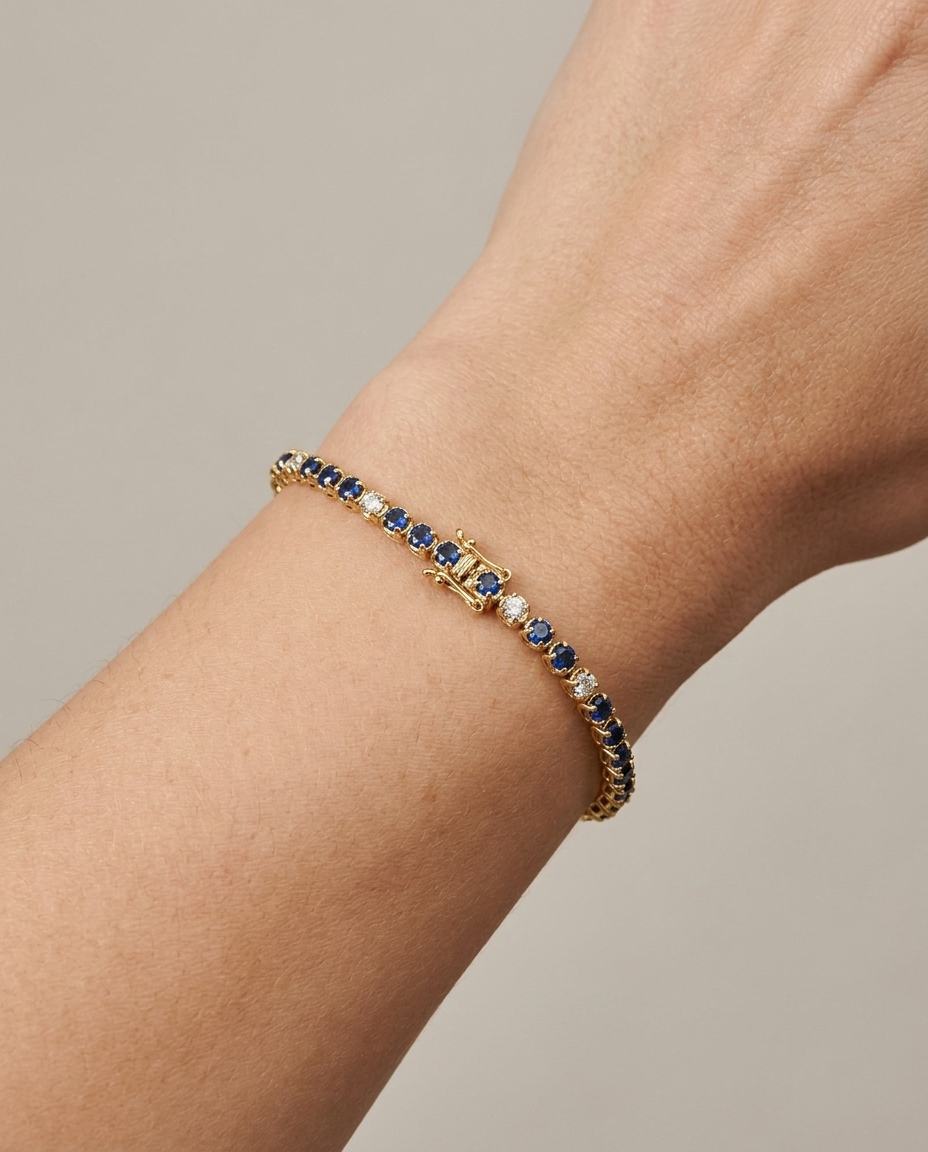 14KT Gold Blue Sapphire and Diamond Tennis Bracelet on model