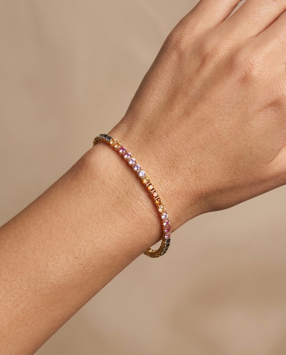 14KT Gold Multi Sapphire Tennis Bracelet on model