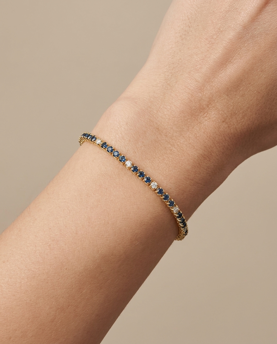 14KT Gold Blue Sapphire and Diamond Tennis Bracelet on model