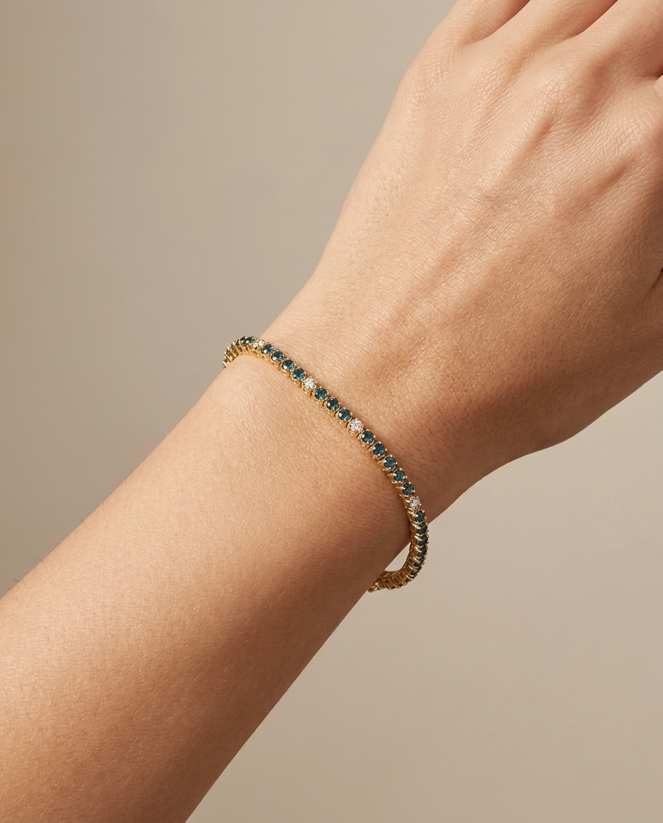 14KT Gold Blue Sapphire and Diamond Tennis Bracelet on model