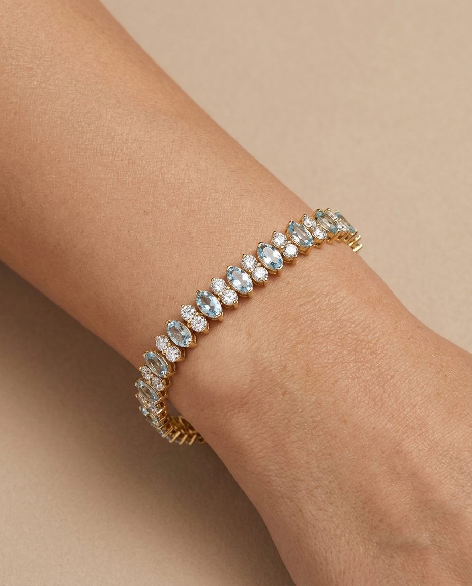 14KT Yellow Gold Marquise Shape Aquamarine and Diamonds Tennis Bracelet view 2