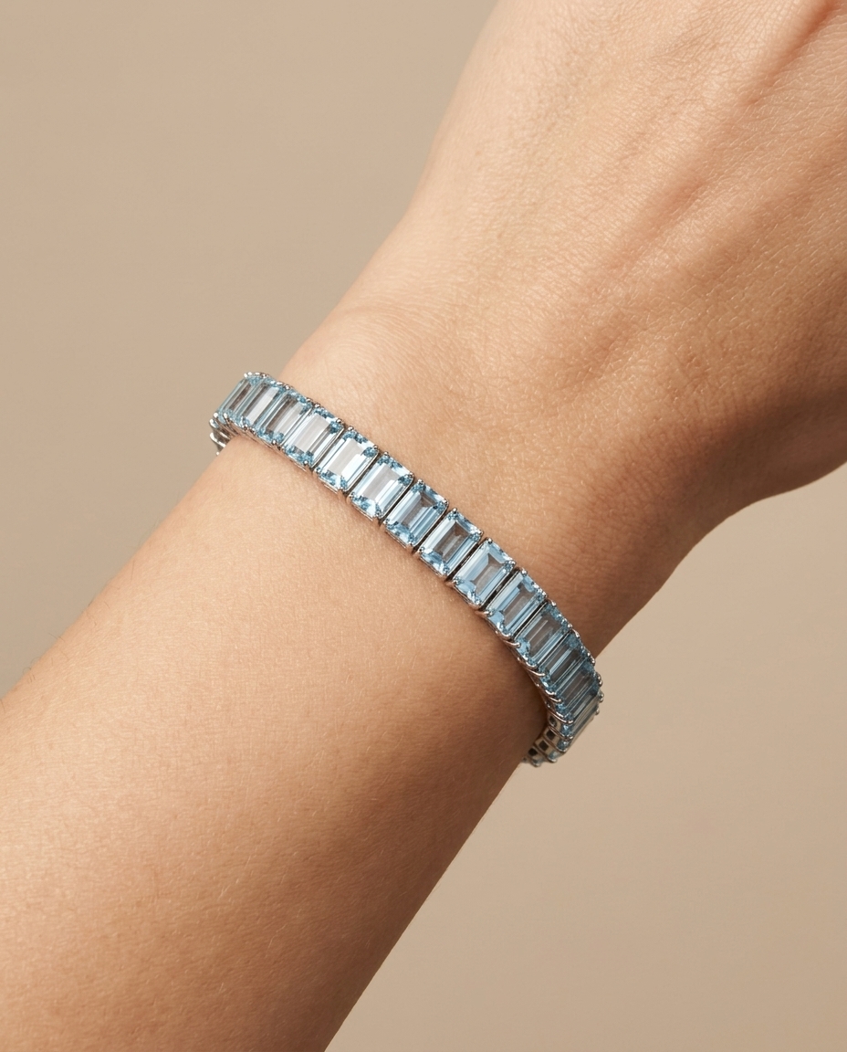 14KT White Gold Aquamarine Tennis Bracelet on model