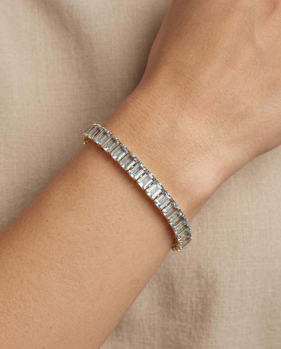14KT Yellow Gold Aquamarine Tennis Bracelet view 2