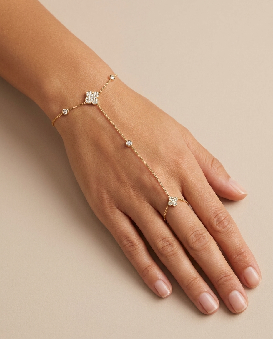 14KT Yellow Gold Diamonds Hand Chain on model