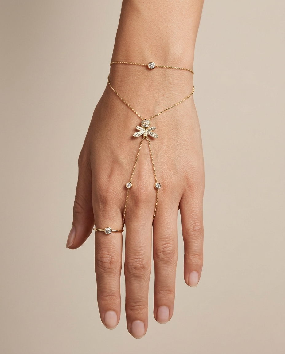 14KT Yellow Gold Diamonds Hand Chain on model