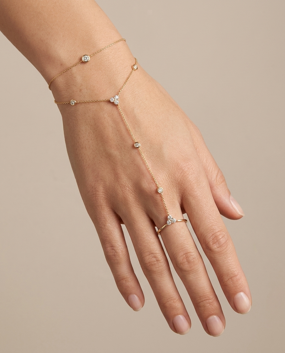 14KT Yellow Gold Diamonds Hand Chain on model