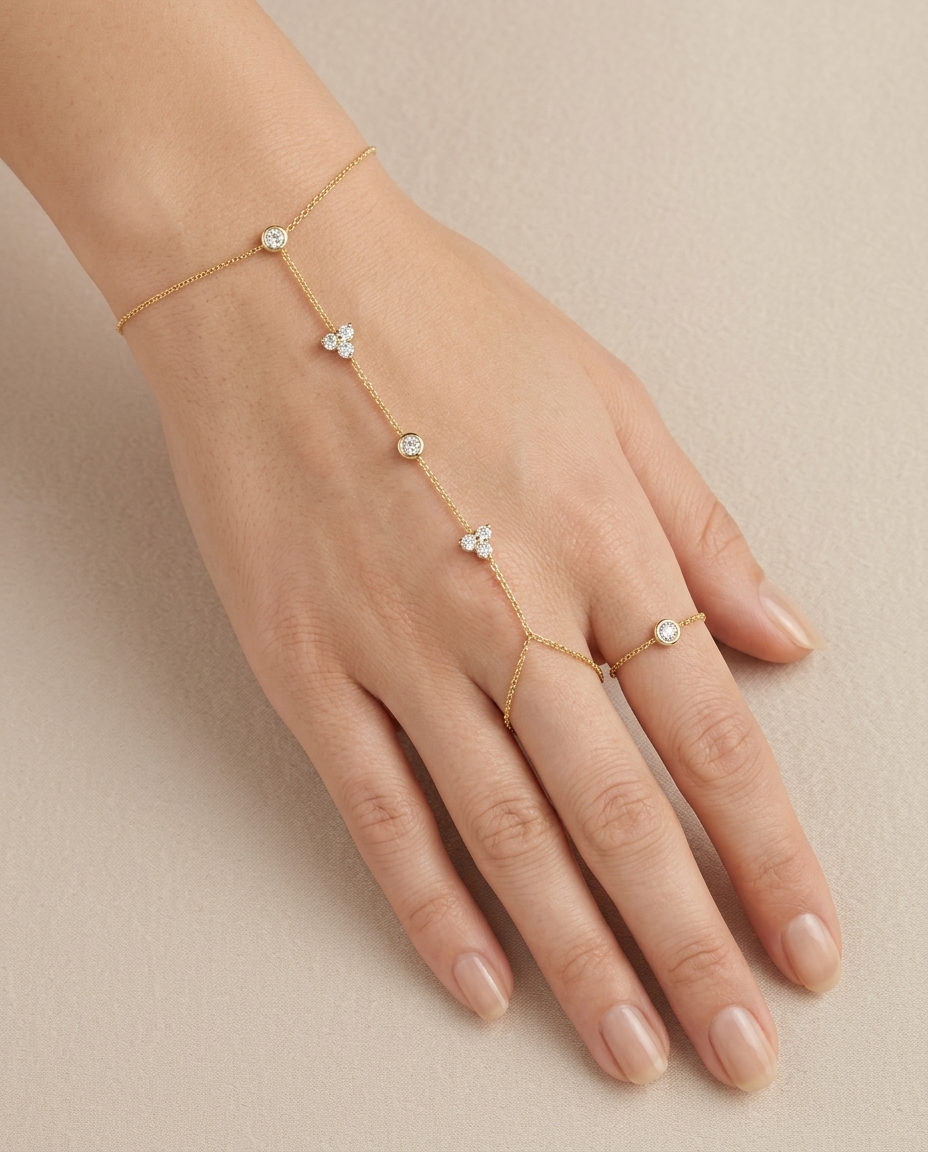 14KT Yellow Gold Diamonds Hand Chain on model