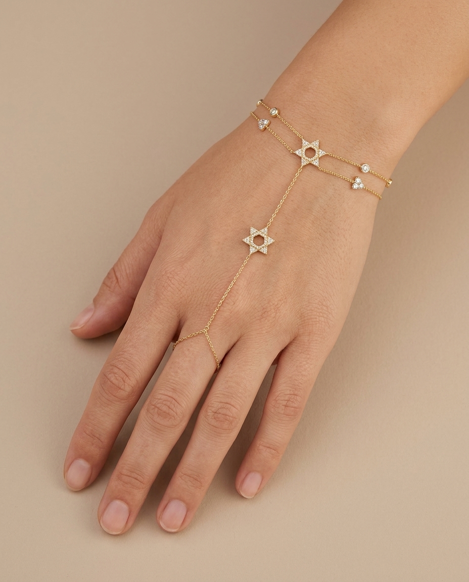 14KT Yellow Gold Diamonds Hand Chain on model