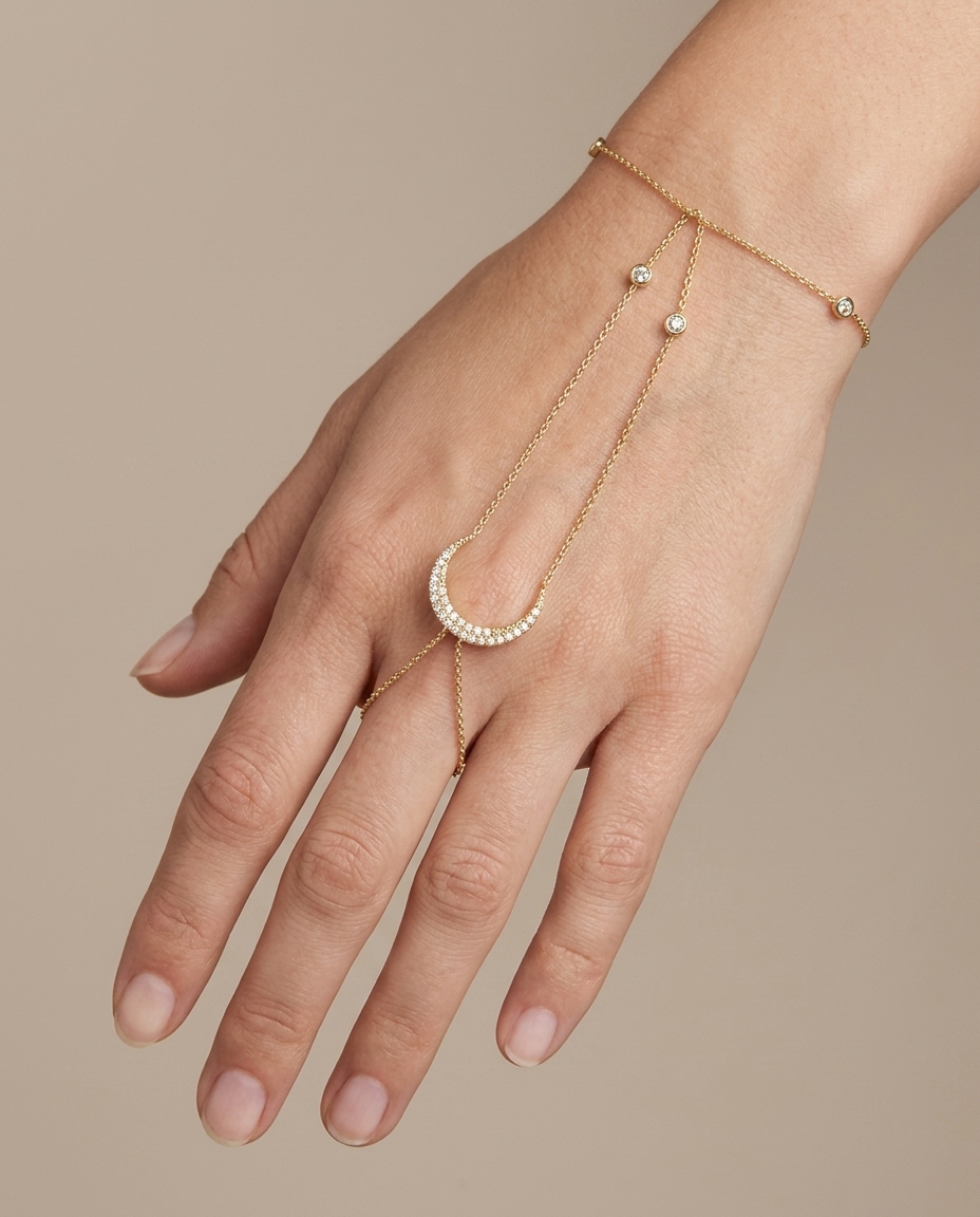 14KT Yellow Gold Diamonds Hand Chain on model