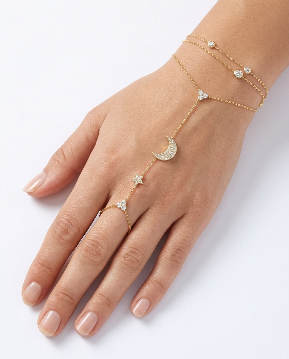 14KT Yellow Gold Diamonds Hand Chain on model