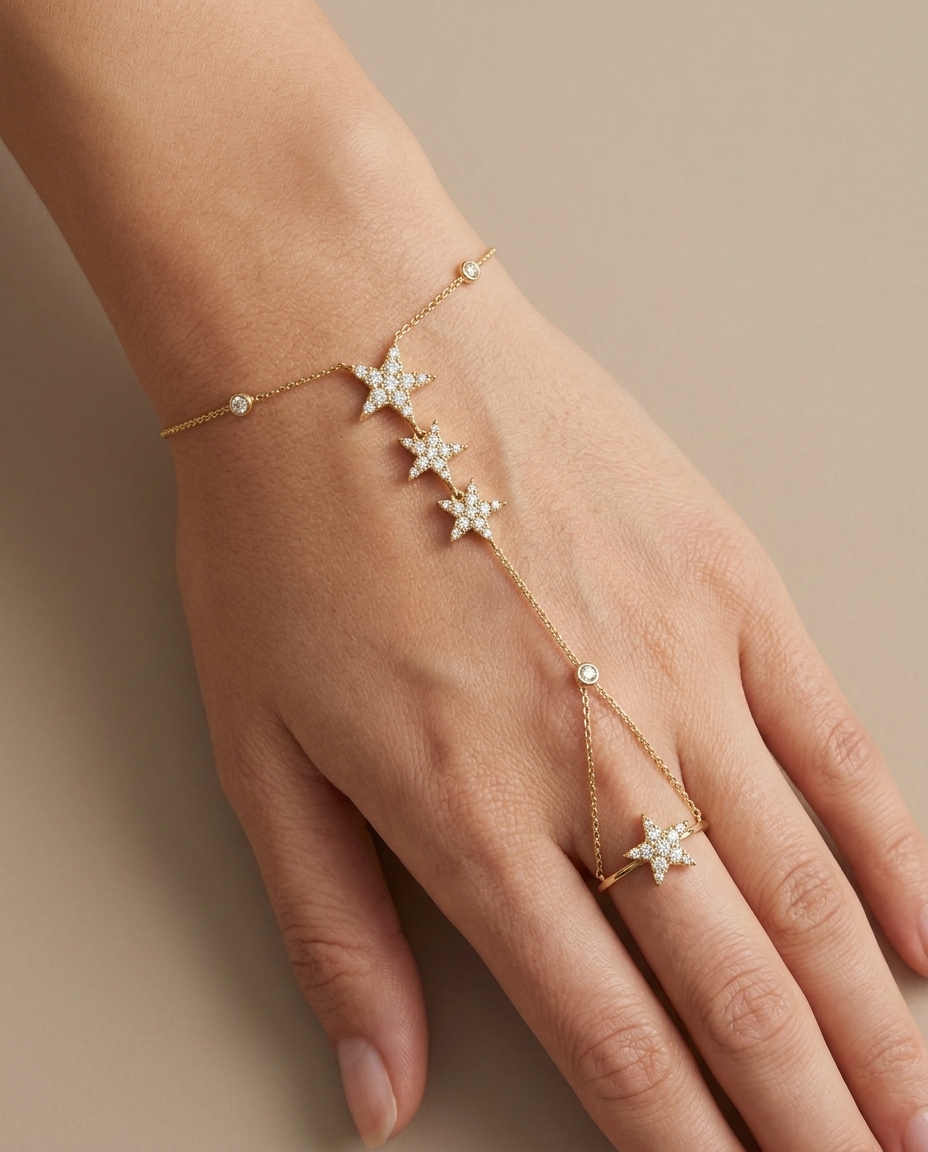 14KT Yellow Gold Diamonds Hand Chain on model