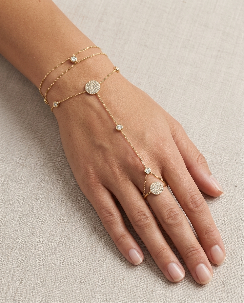 14KT Yellow Gold Diamonds Hand Chain view 2
