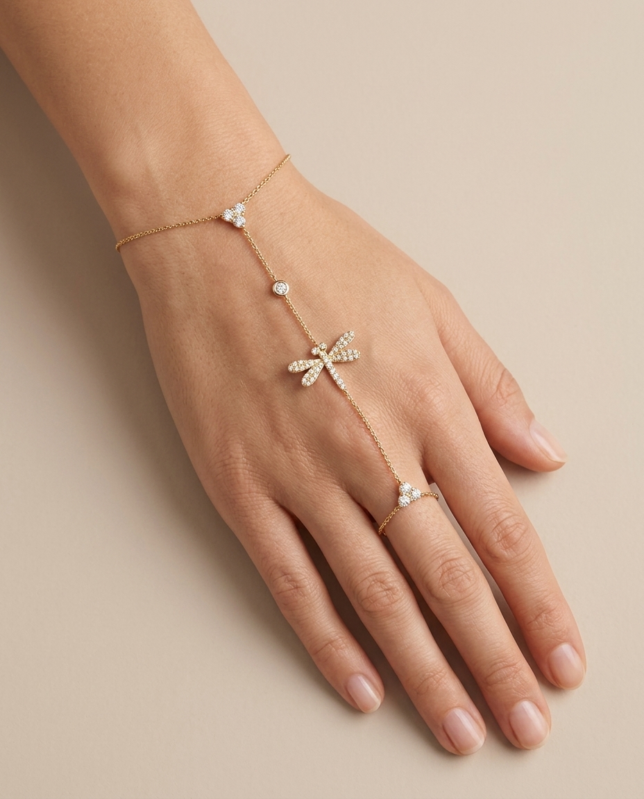 14KT Yellow Gold Diamonds Hand Chain view 2