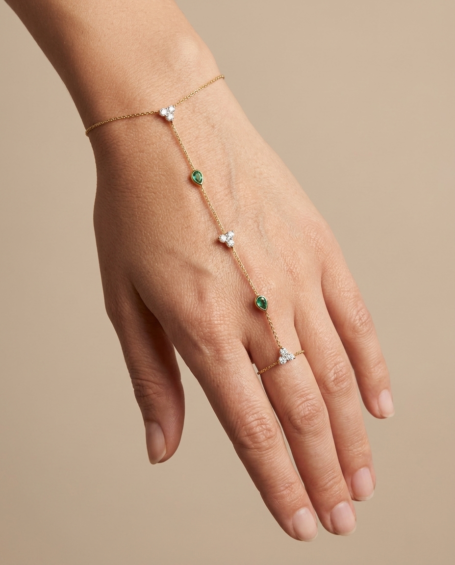 14KT Yellow Gold Diamonds and Emerald Hand Chain view 2