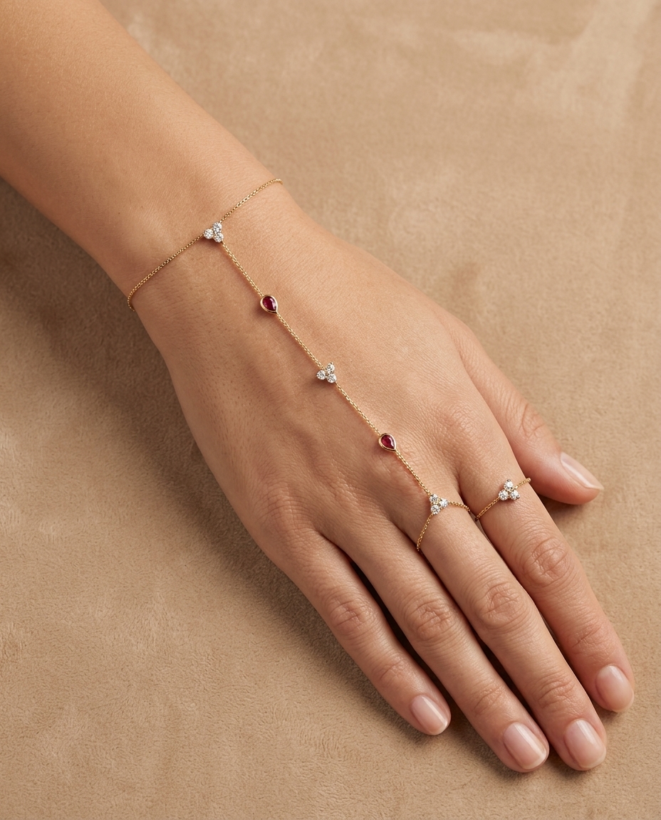 14KT Yellow Gold Diamonds and Ruby Hand Chain view 2