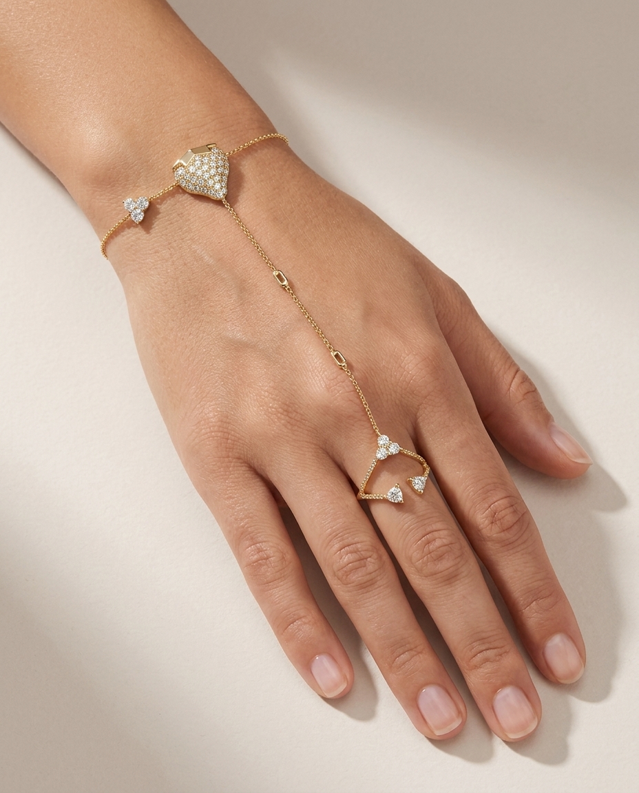 14KT Yellow Gold Diamonds Hand Chain view 2