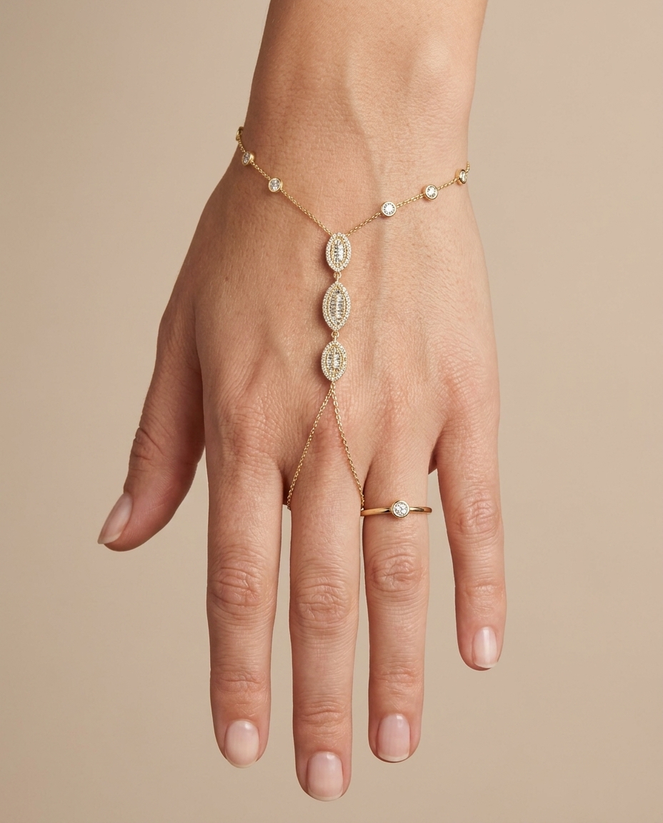 14KT Yellow Gold Baguettes and Diamonds Hand Chain on model