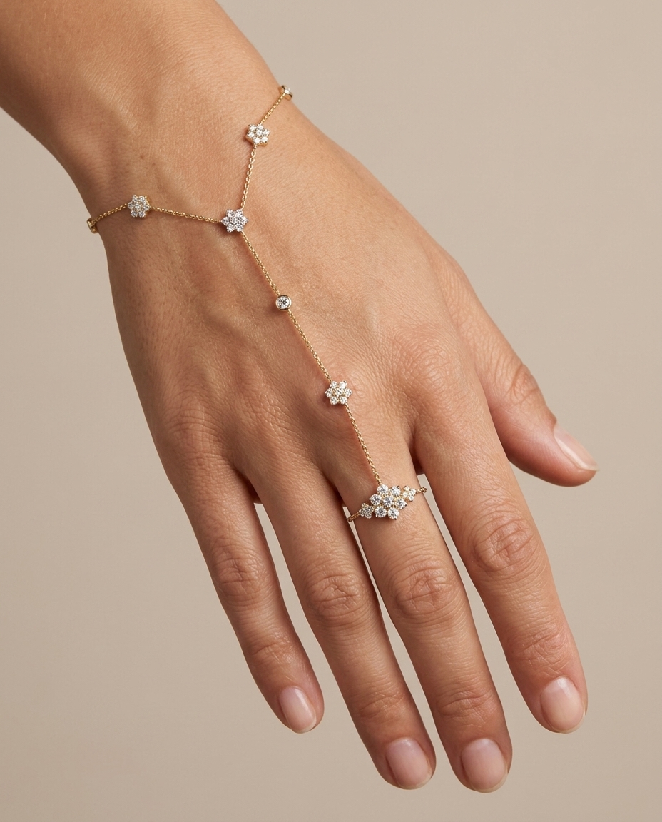 14KT Yellow Gold Diamonds Hand Chain on model