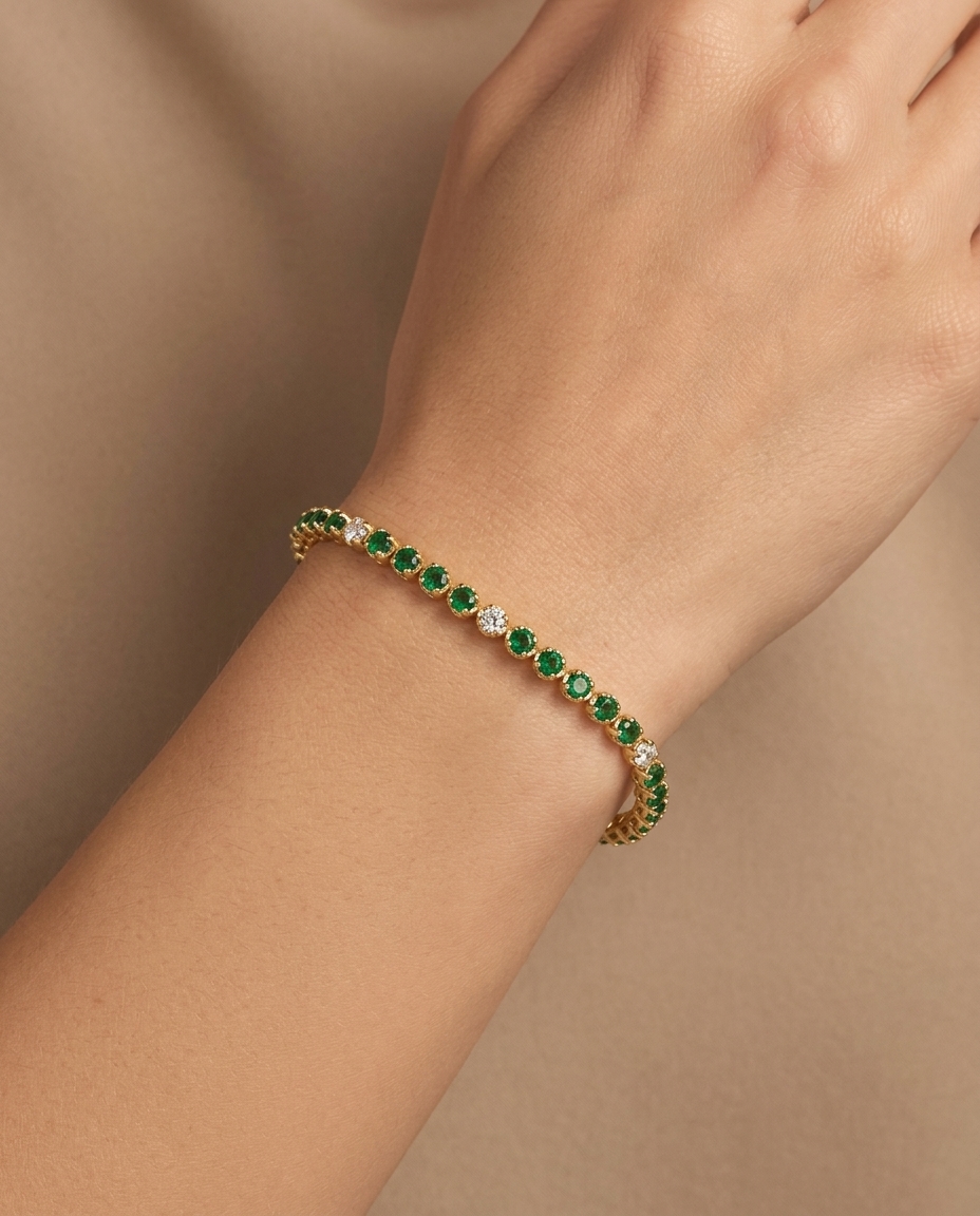 14KT Yellow Gold Emerald and Diamond Tennis Bracelet view 2