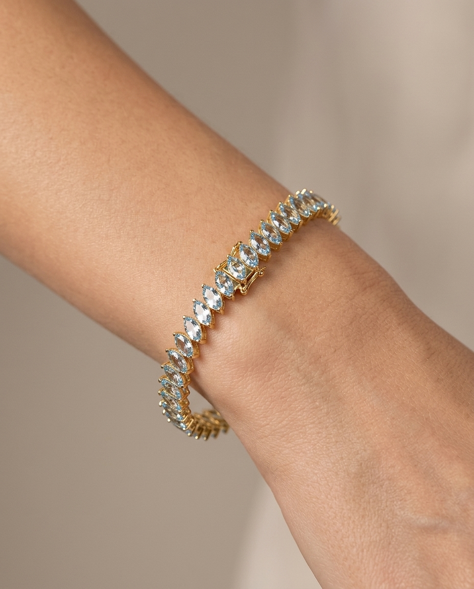 14KT Yellow Gold Marquise Shape Aquamarine Tennis Bracelet view 2