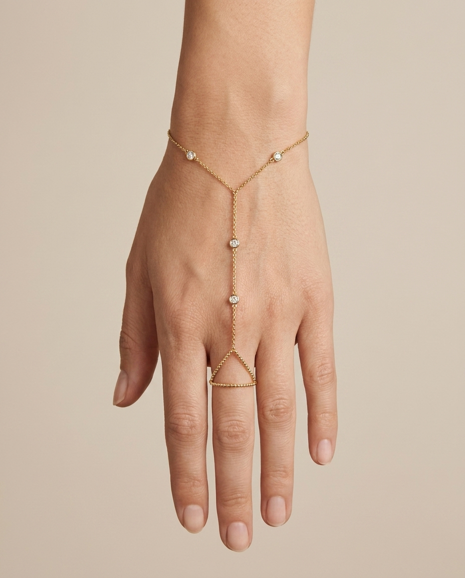 14KT Yellow Gold Diamonds Hand Chain on model