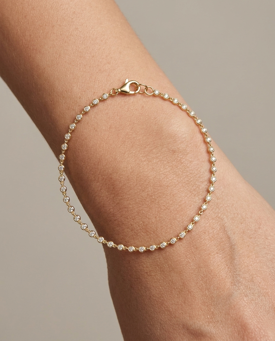 14KT Gold Bezeled Diamond Station Bracelet on model