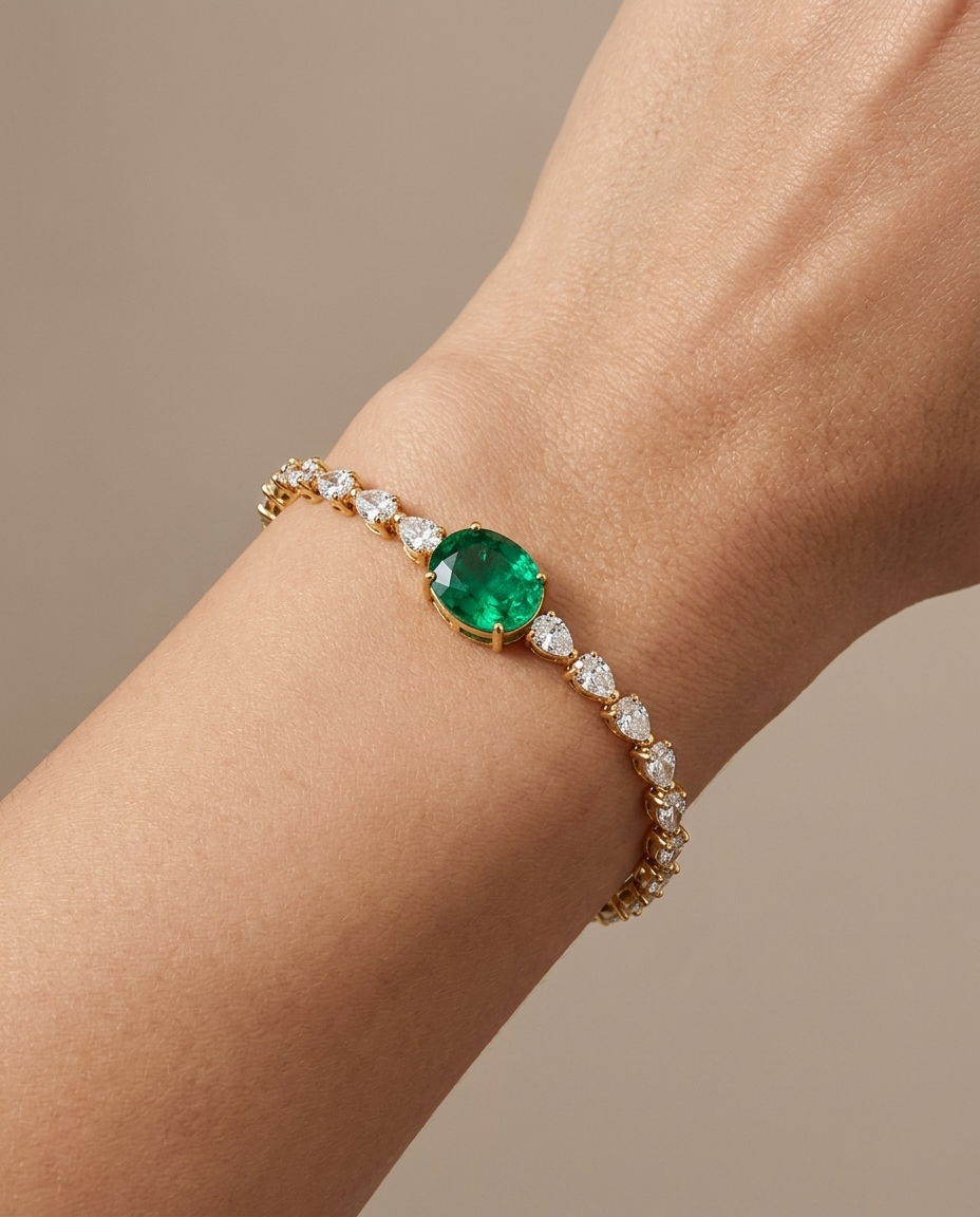 14KT Yellow Gold Diamond and Emerald Bracelet on model