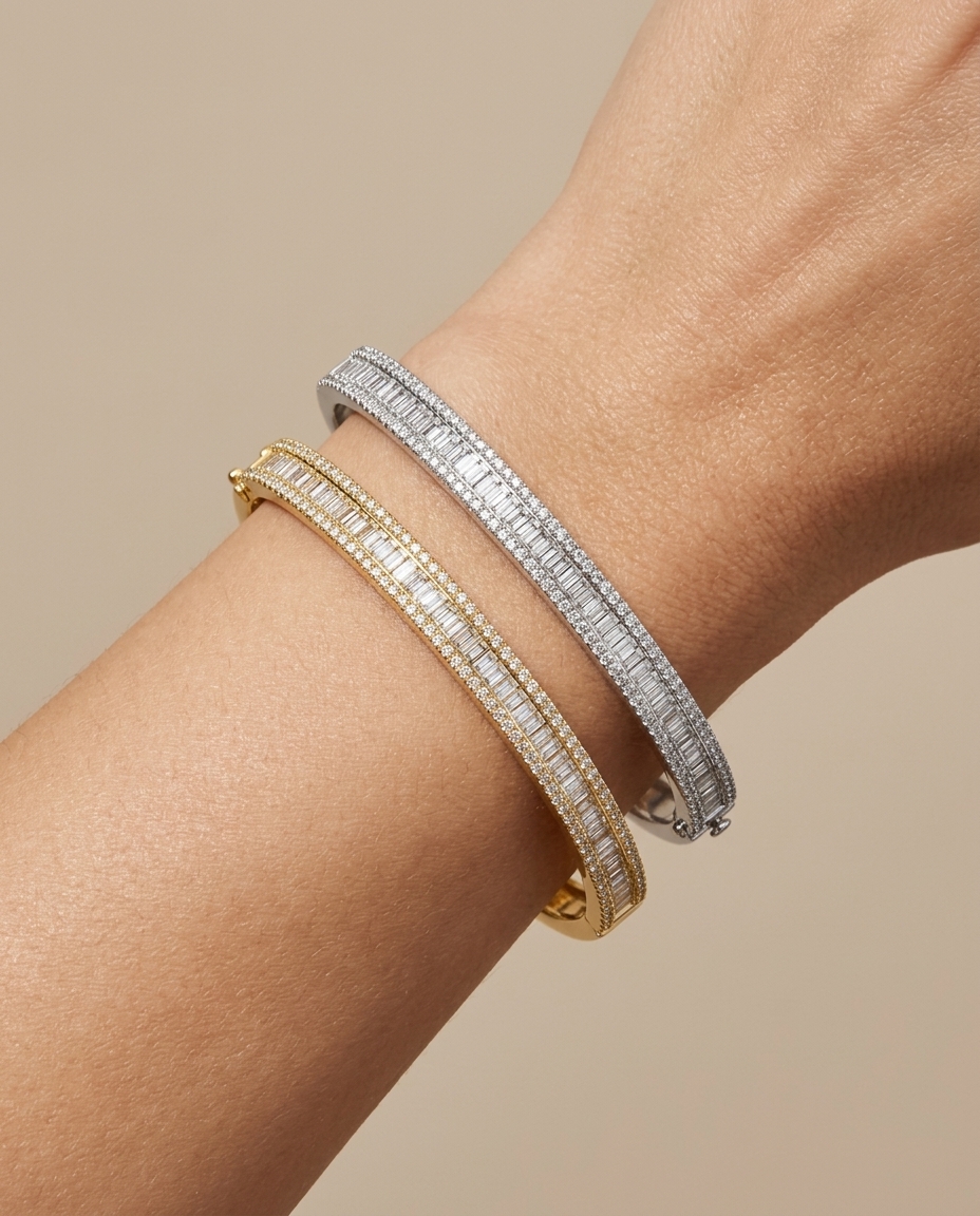 14KT Gold Diamonds Bangle on model