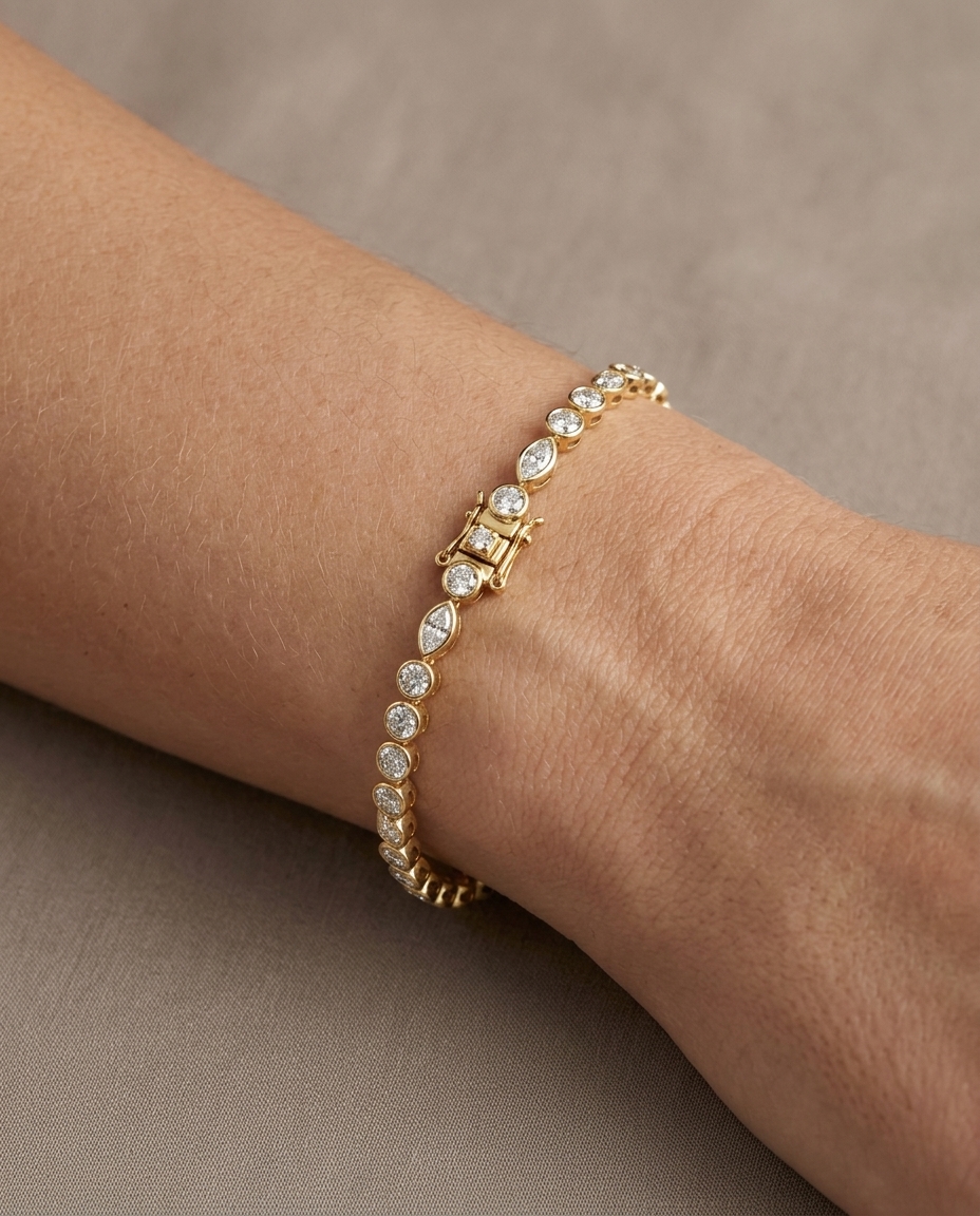 14KT Yellow Gold Diamond Round Bezel Set Tennis Bracelet on model