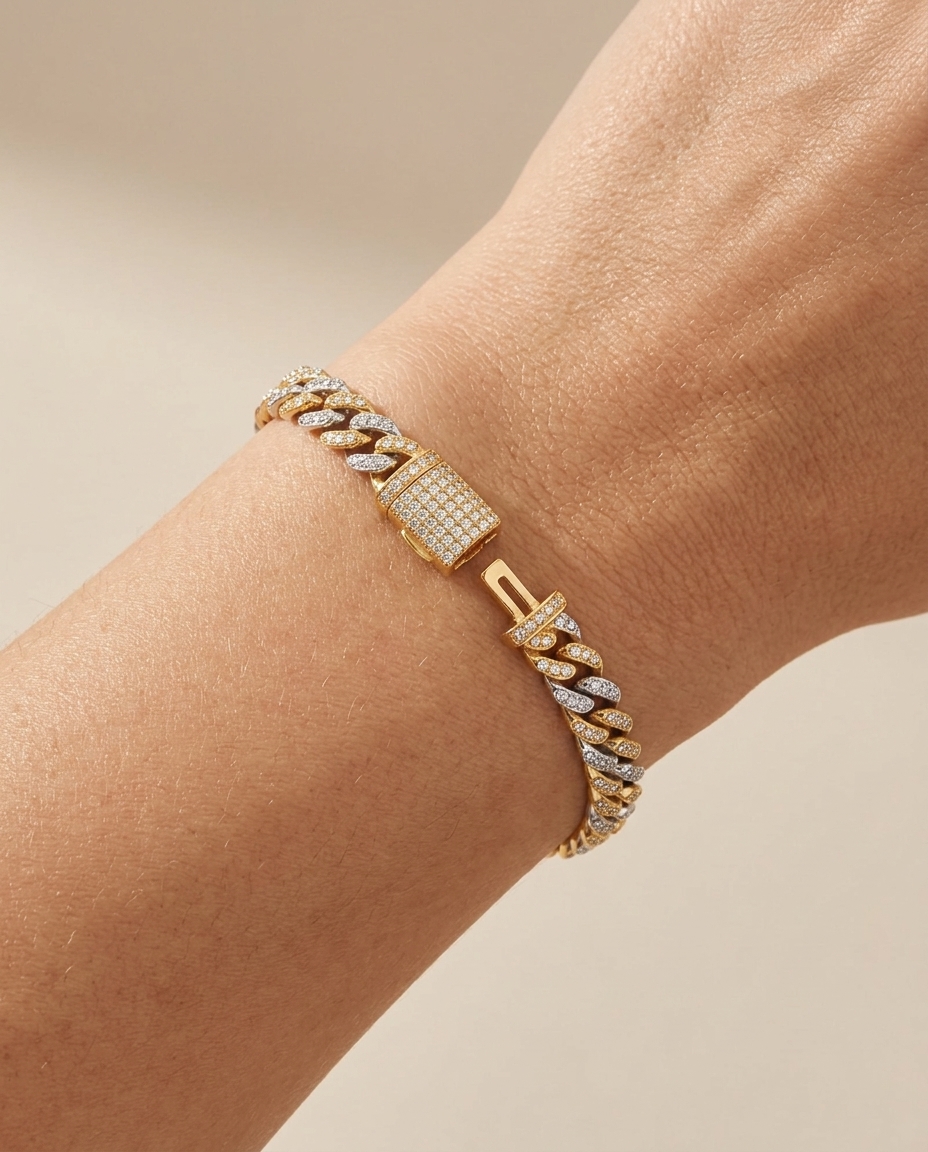 14KT Two Tone Gold Diamond Miami Cuban Bracelet (5 MM) on model