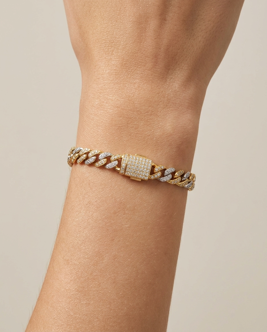 14KT Two Tone Gold Diamond Miami Cuban Bracelet (5 MM) on model