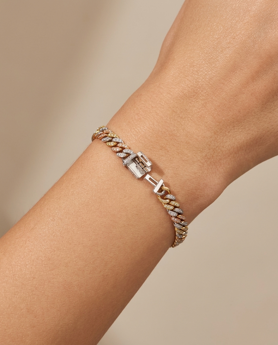 14KT Three Tone Gold Diamond Miami Cuban Bracelet (5 MM) on model