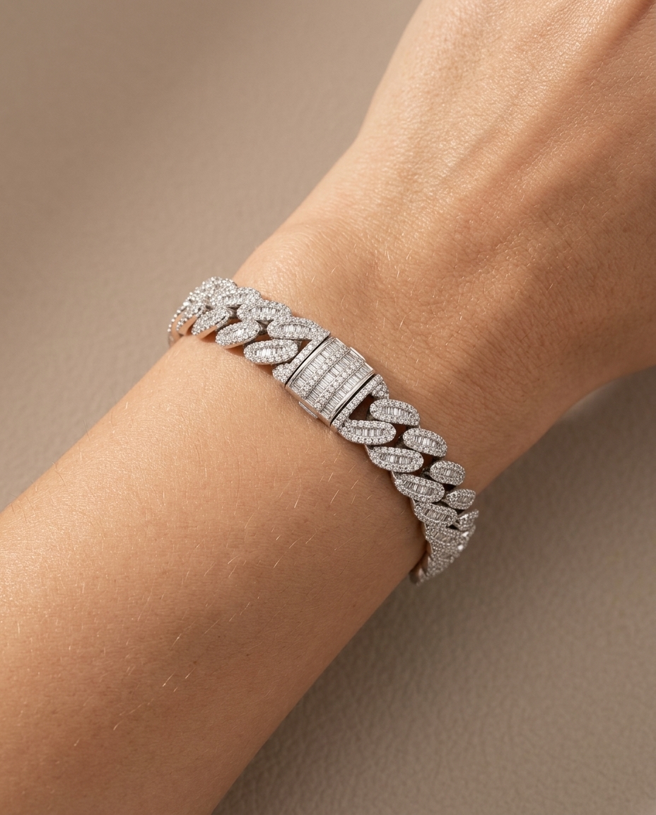 14KT Gold Diamond and Baguette Diamond Cuban Bracelet on model