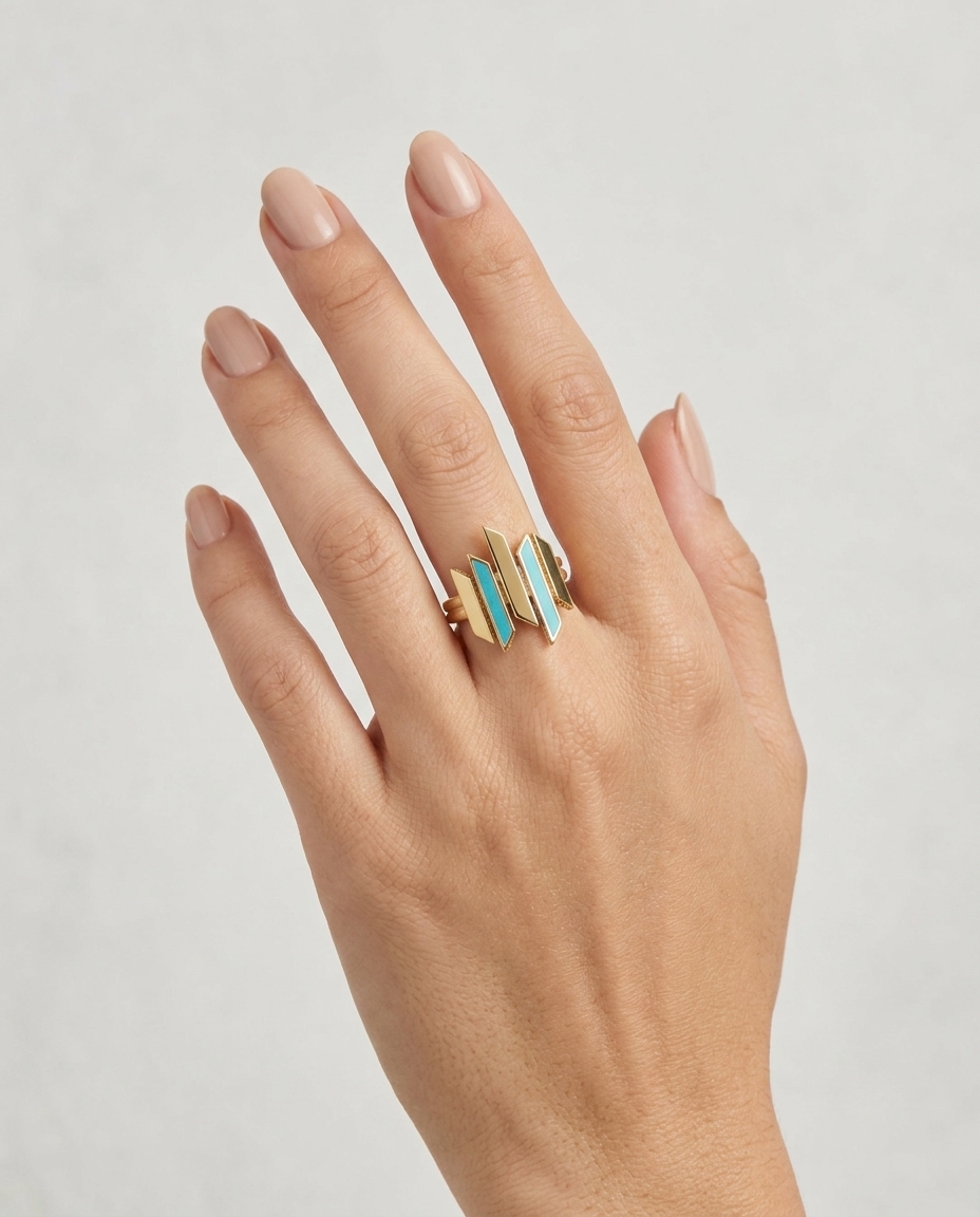 14KT Yellow Gold Turquoise Ring on model