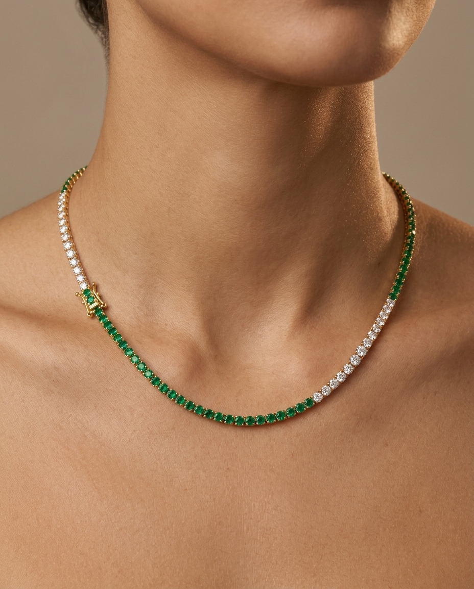 18KT White Gold Emerald and Diamond Necklace view 2
