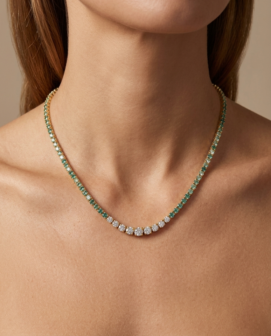 18KT Yellow Gold Emerald and Diamond Necklace on model