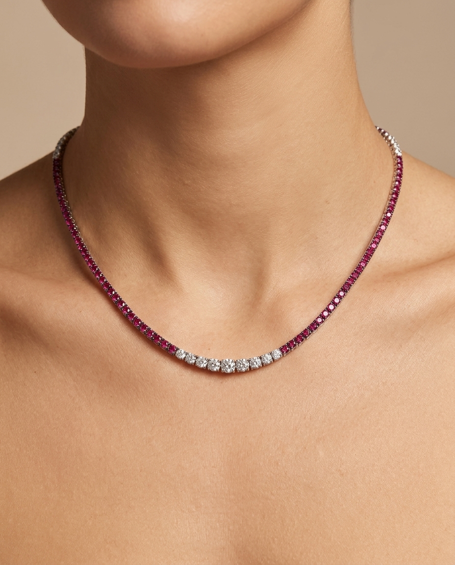 18KT White Gold Ruby and Diamond Necklace on model
