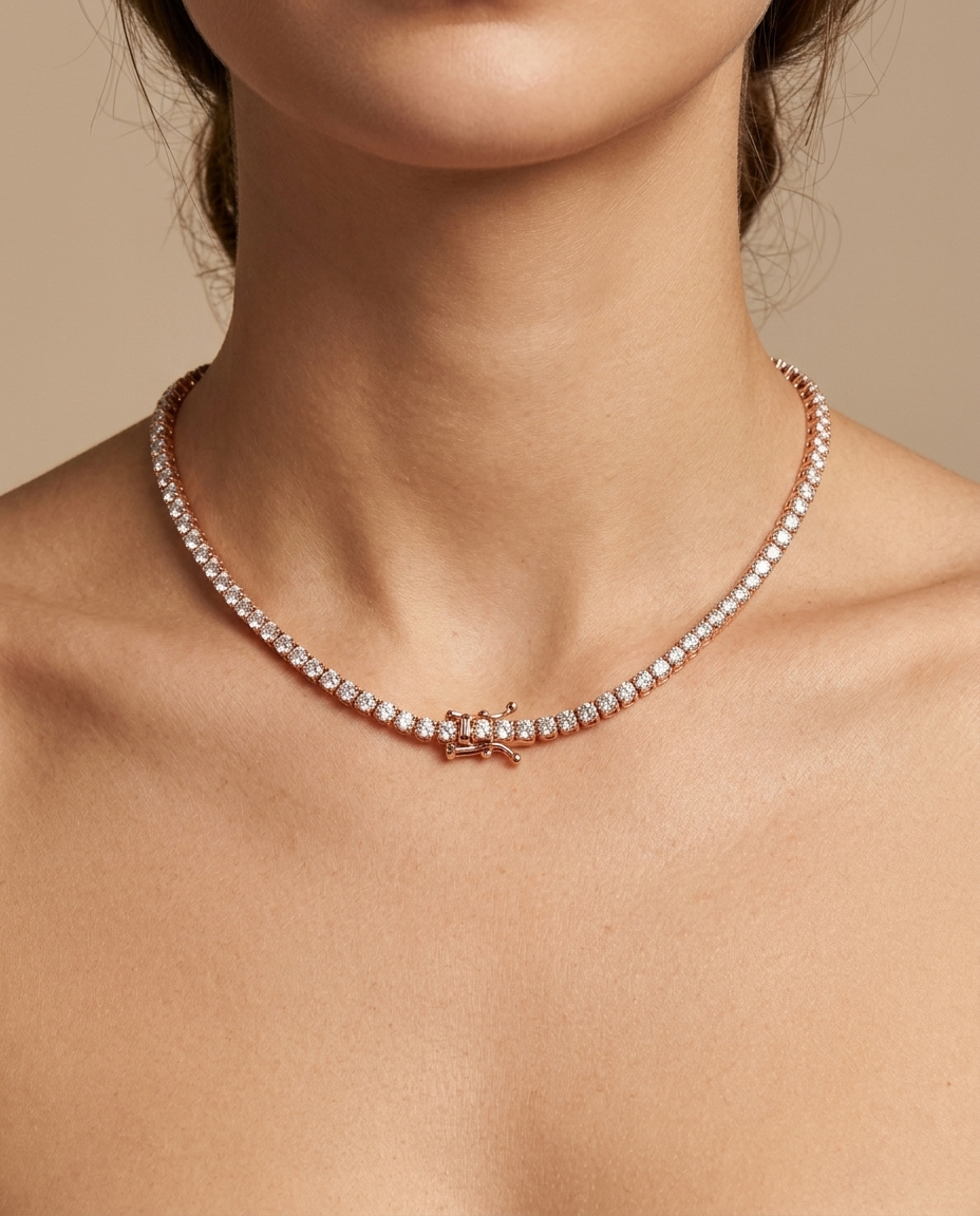 18KT Rose Gold Diamond Necklace on model