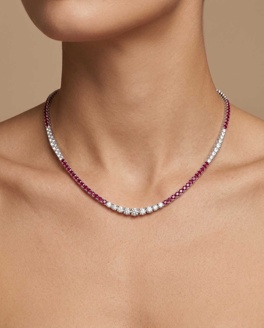 18KT Rose Gold Ruby and Diamond Necklace on model