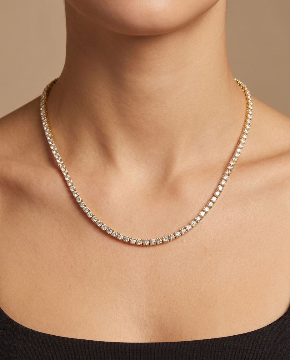 14KT Yellow Gold Diamond 4 Prong Tennis Necklace view 2