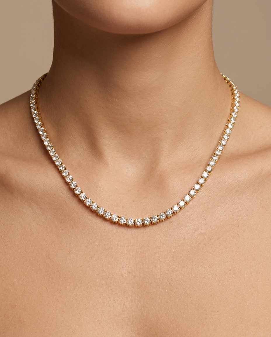 14KT Gold Diamond 4 Prong Tennis Necklace (10.00 CTS) on model
