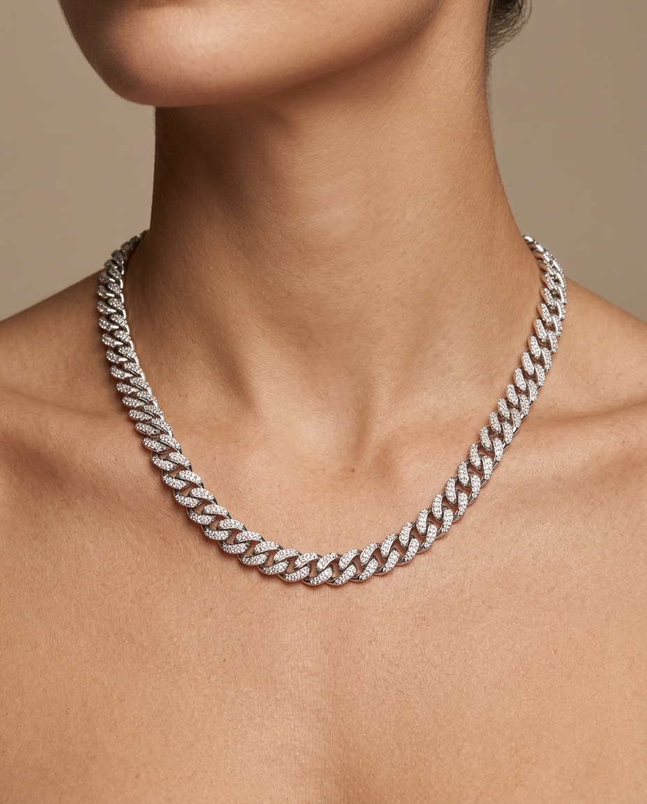 14KT White Gold Diamond Cuban Necklace view 2