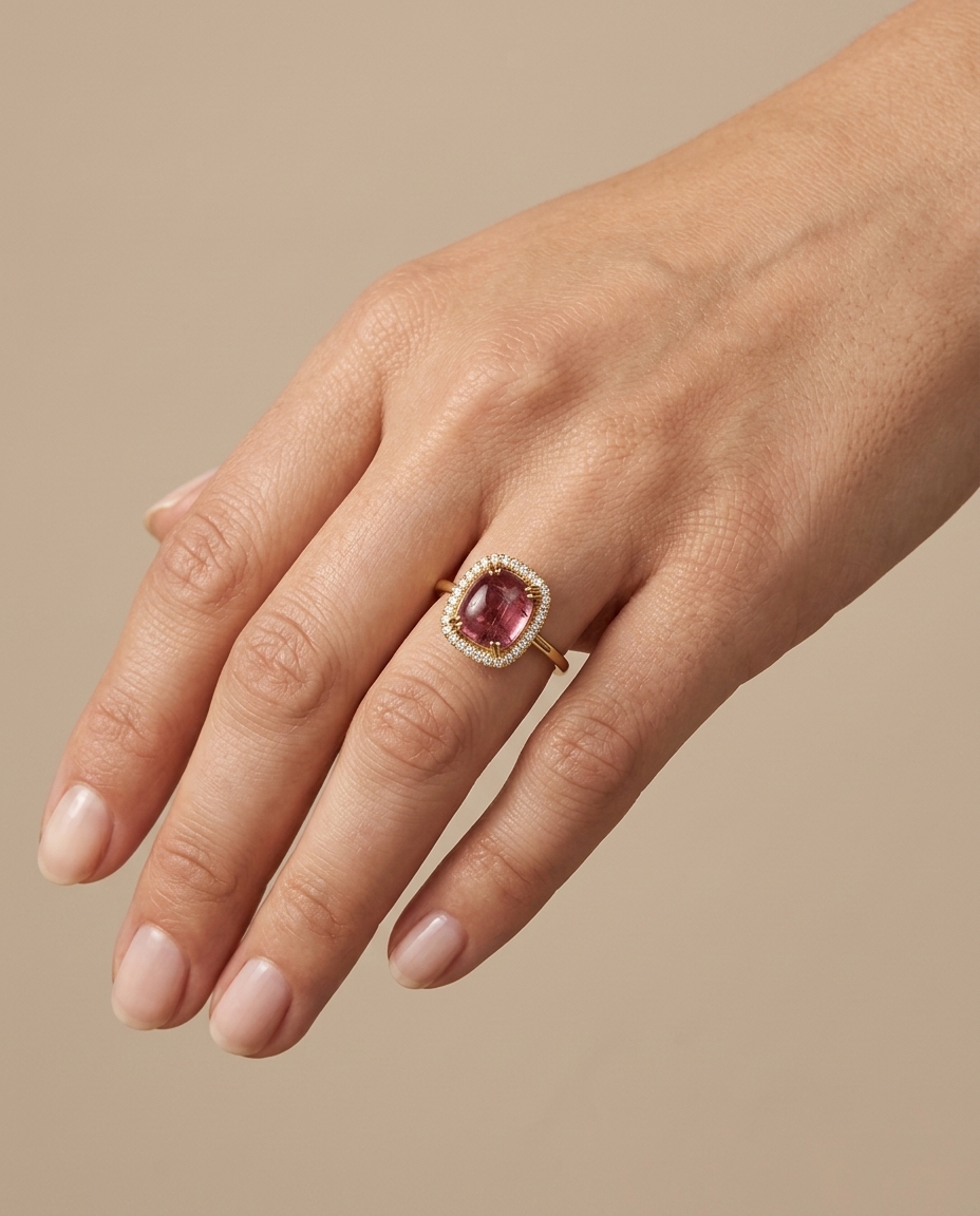14KT Yellow Gold Tourmaline and Diamonds Ring on model