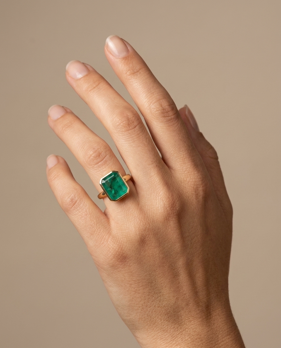 14KT Yellow Gold Emerald Ring on model