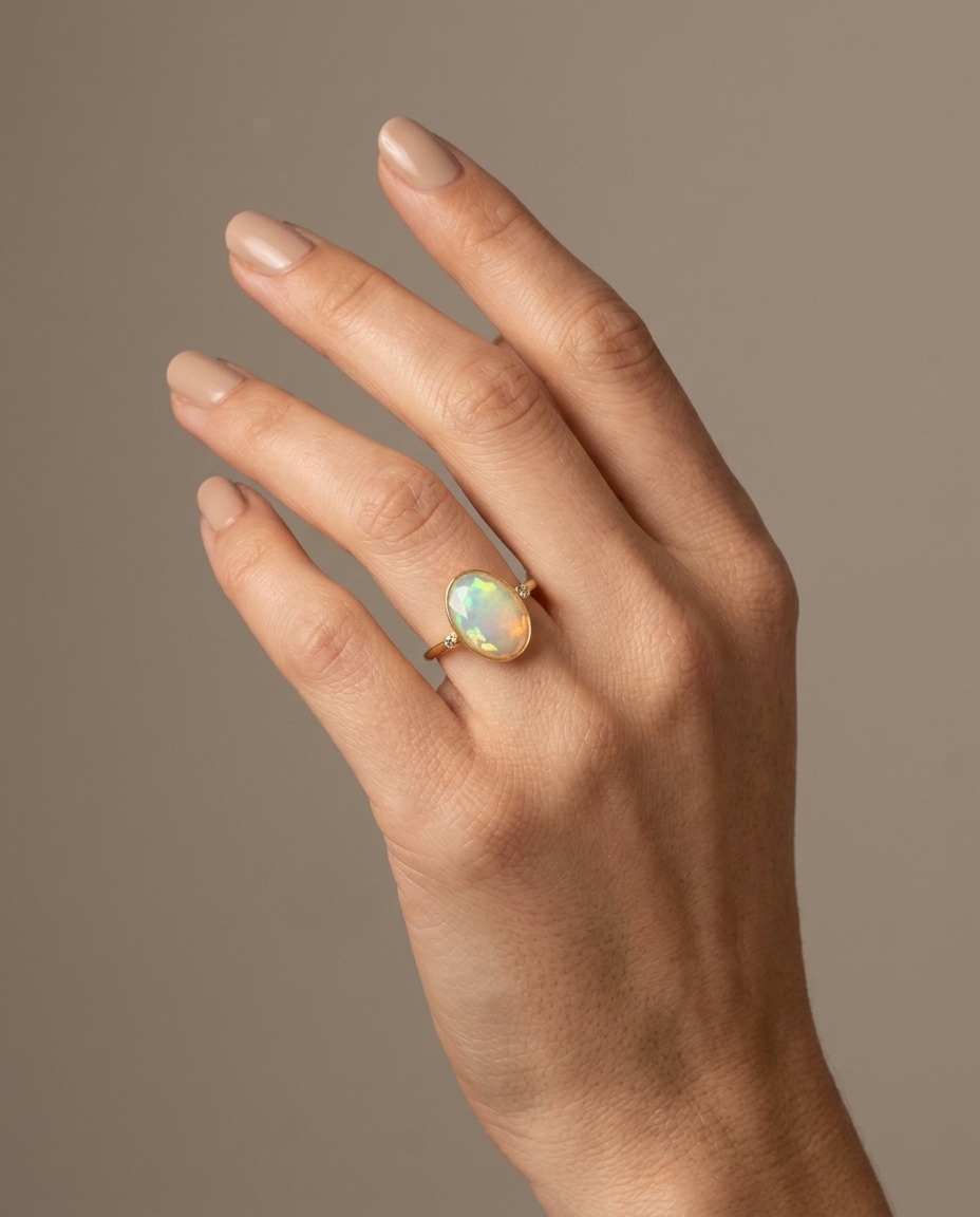 18KT Gold Opal and Diamond Ring view 2