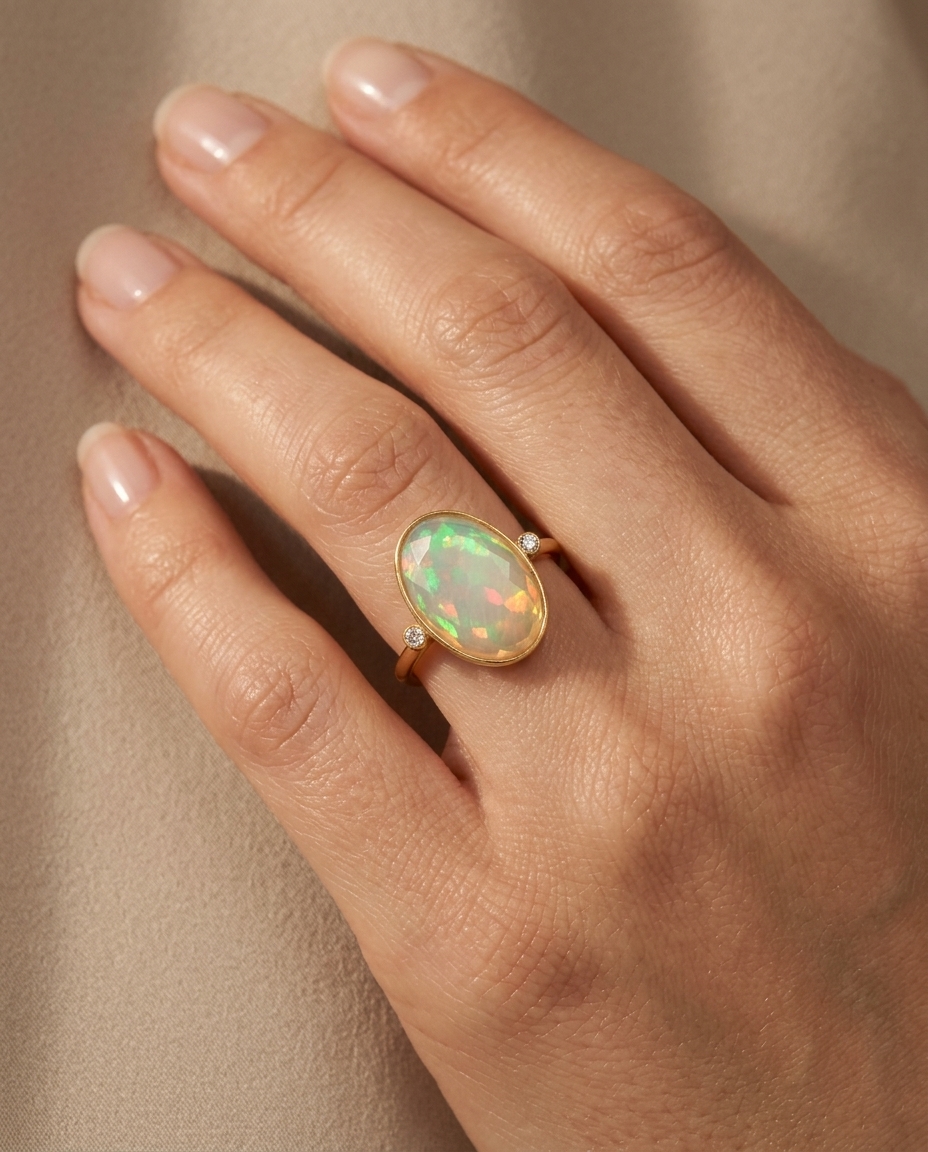 18KT Gold Opal and Diamond Ring view 2