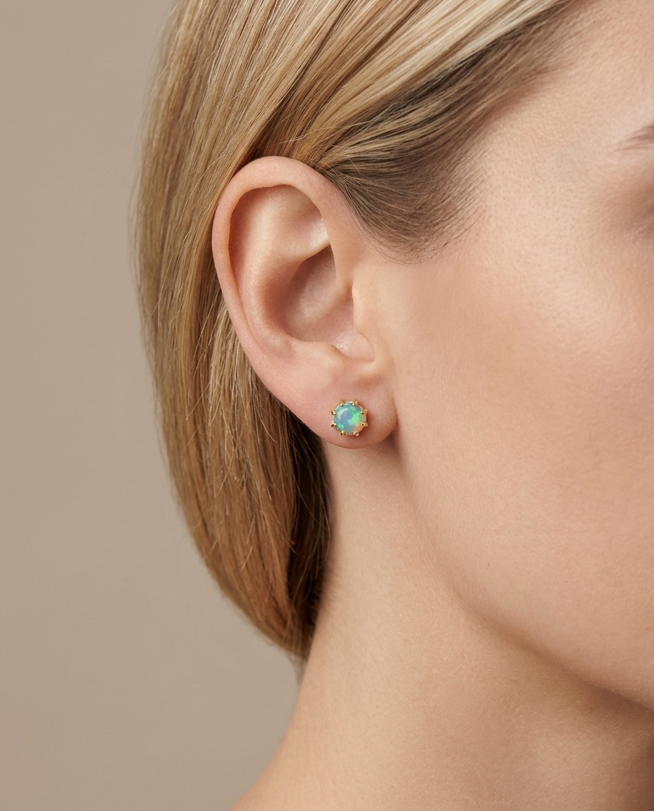 14KT Gold Circle Shape Opal Earring Studs on model