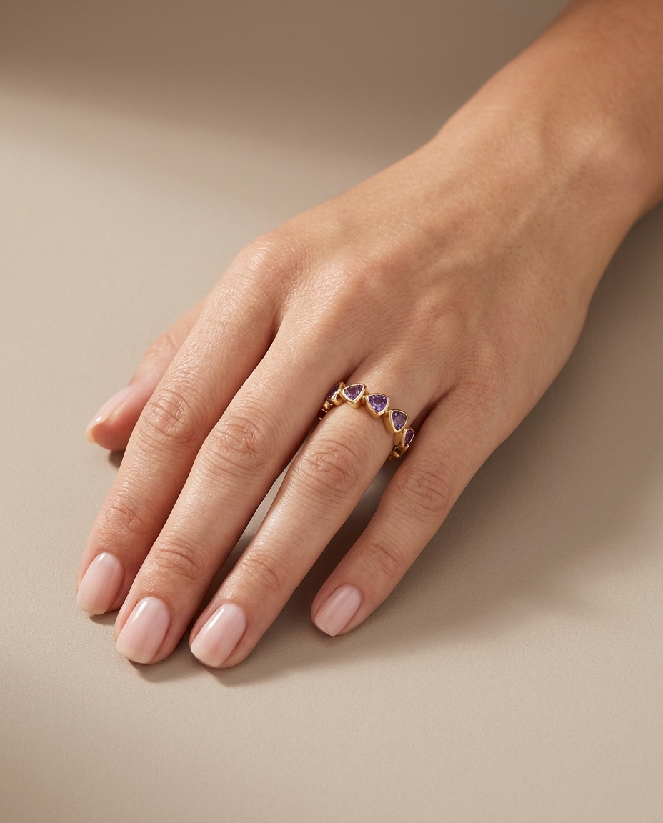 18KT Yellow Gold Pink/Purple Sapphire Ring on model