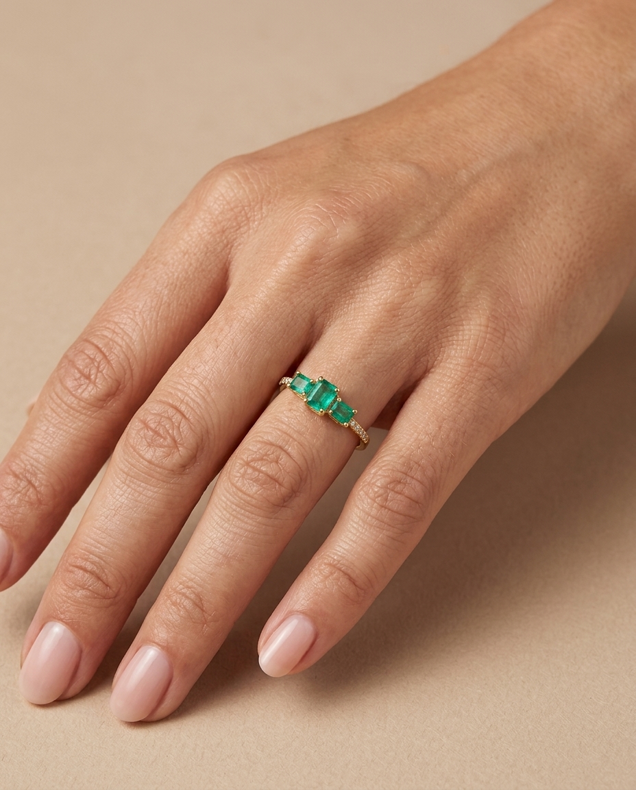18KT Yellow Gold Emerald and Diamonds Ring view 2
